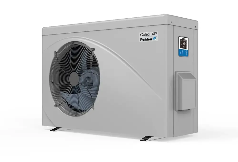 Grå Pahlen Calidi XP15 utomhus luftvattenvärmepump med cirkulär fläktgaller och digital display